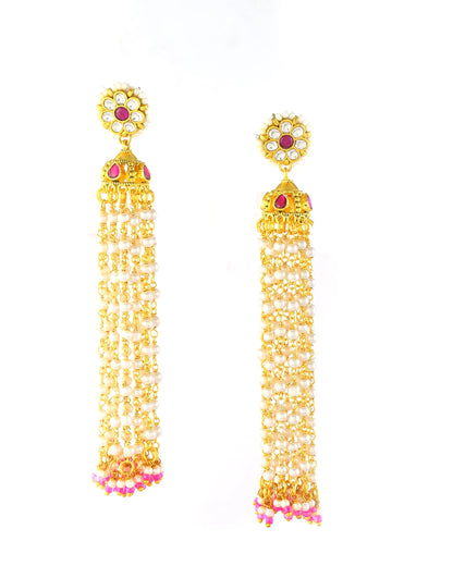 Kundan Pearl Tassel Earrings with Pink Beads