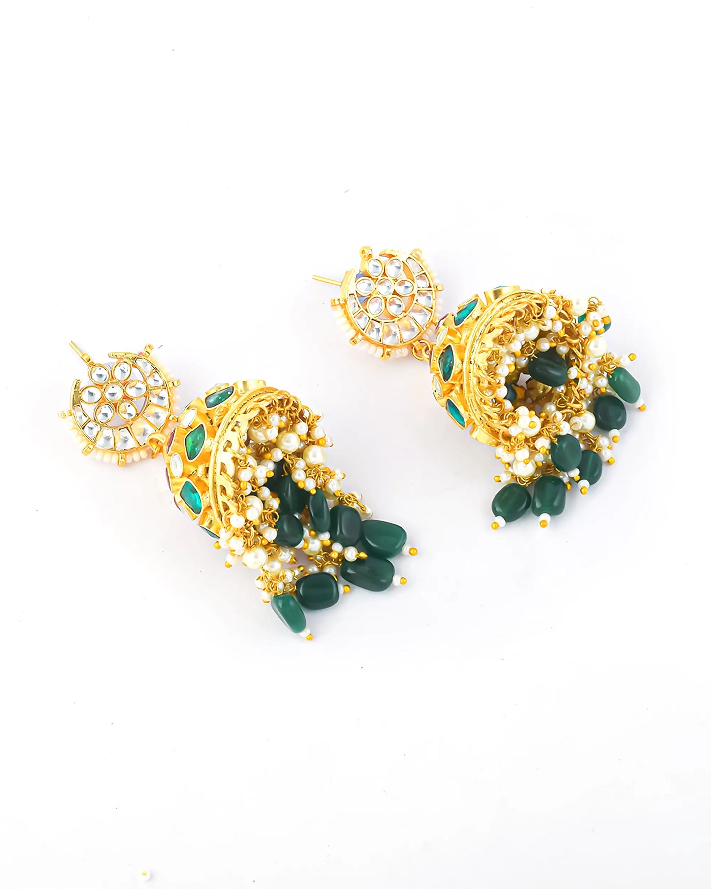 Gold Plated Jadau Jhumka Earrings with Green Beads