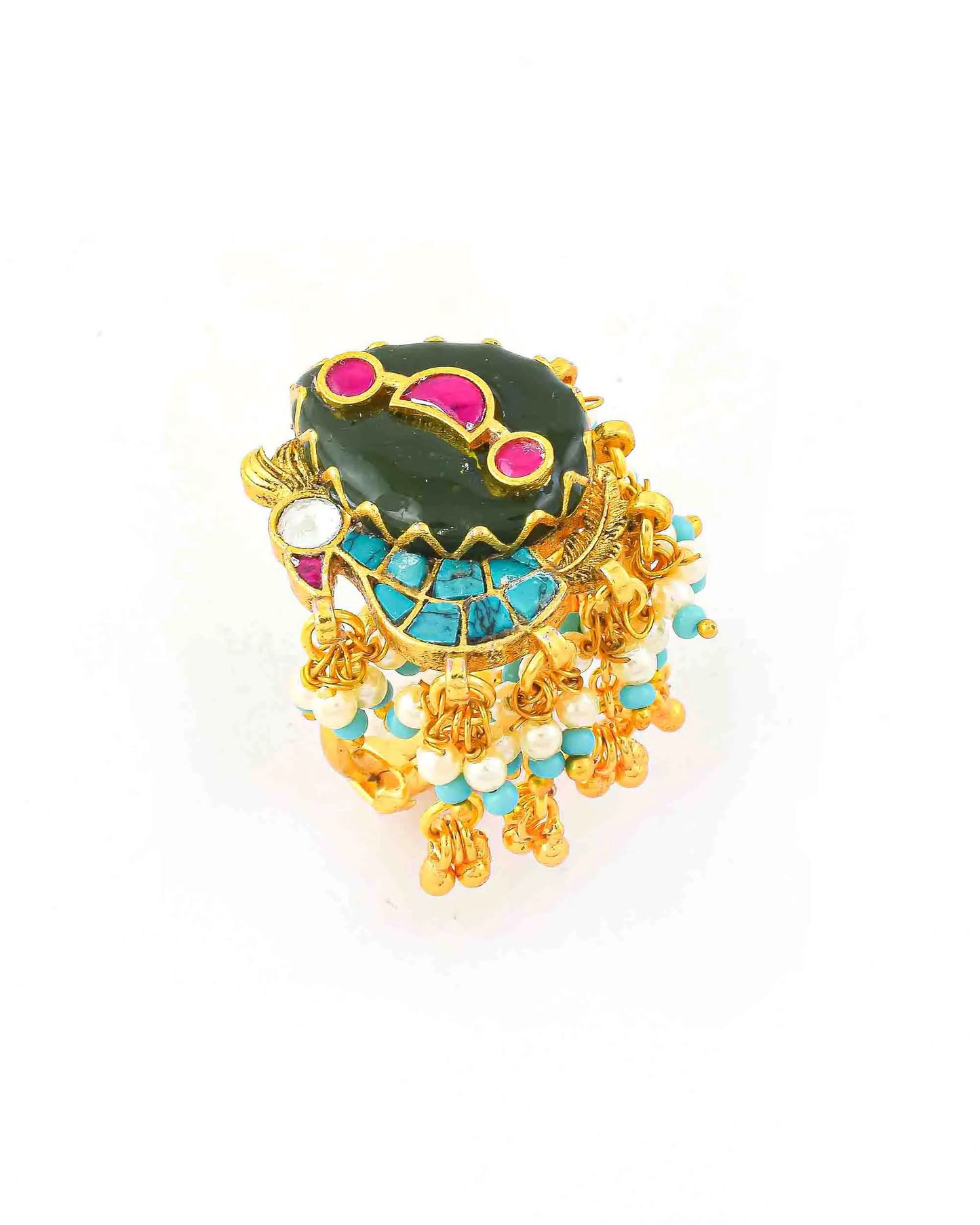 Green Meenakari Kundan Peacock Ring with Pearl Border, Antique Gold Adjustable Statement Ring Jewelry