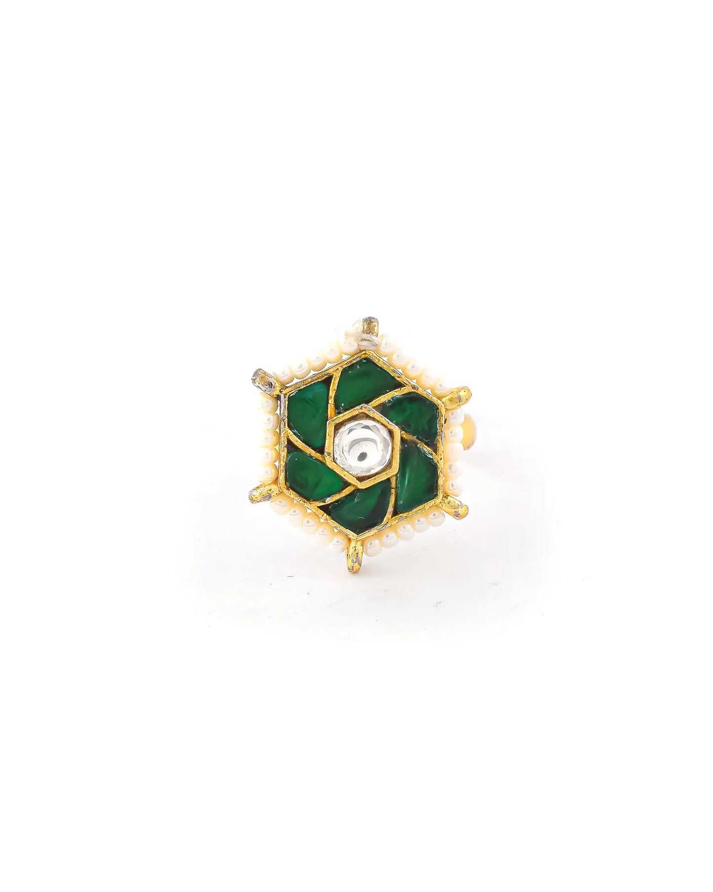Handmade Green Kundan Pearl Statement Ring  Gold Plated Adjustable Jhumki Style Ethnic Jewelry Ring