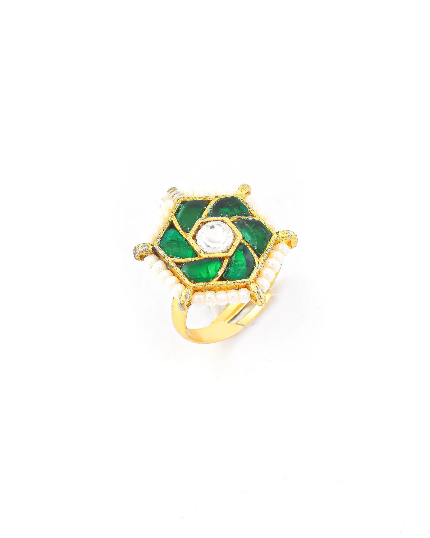 Handmade Green Kundan Pearl Statement Ring  Gold Plated Adjustable Jhumki Style Ethnic Jewelry Ring