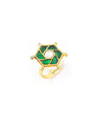 Handmade Green Kundan Pearl Statement Ring  Gold Plated Adjustable Jhumki Style Ethnic Jewelry Ring