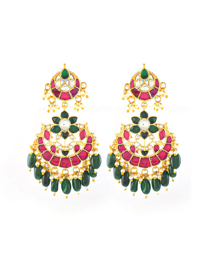 Red Green Kundan Necklace Set, Traditional Indian Bridal Jewelry, Adjustable Thread Necklace, Ethnic Gold Statement Necklace with Earrings