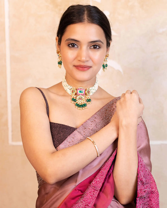 Gold Plated Kundan Choker Set – Green Pink Beaded Bridal Jewelry