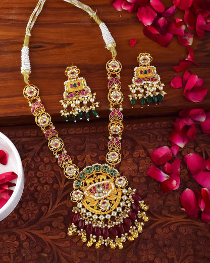 Kundan Lotus Necklace Set with Pearl Beads, 18K Gold-Plated Indian Jewelry