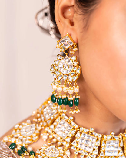 Pearl Kundan Choker Set, Green Bead Fringe Indian Bridal Necklace with Earrings