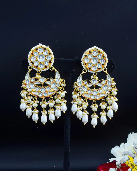 Kundan Chandbali Earrings, Gold Plated, Faux Pearl Drops Earring Jewelry