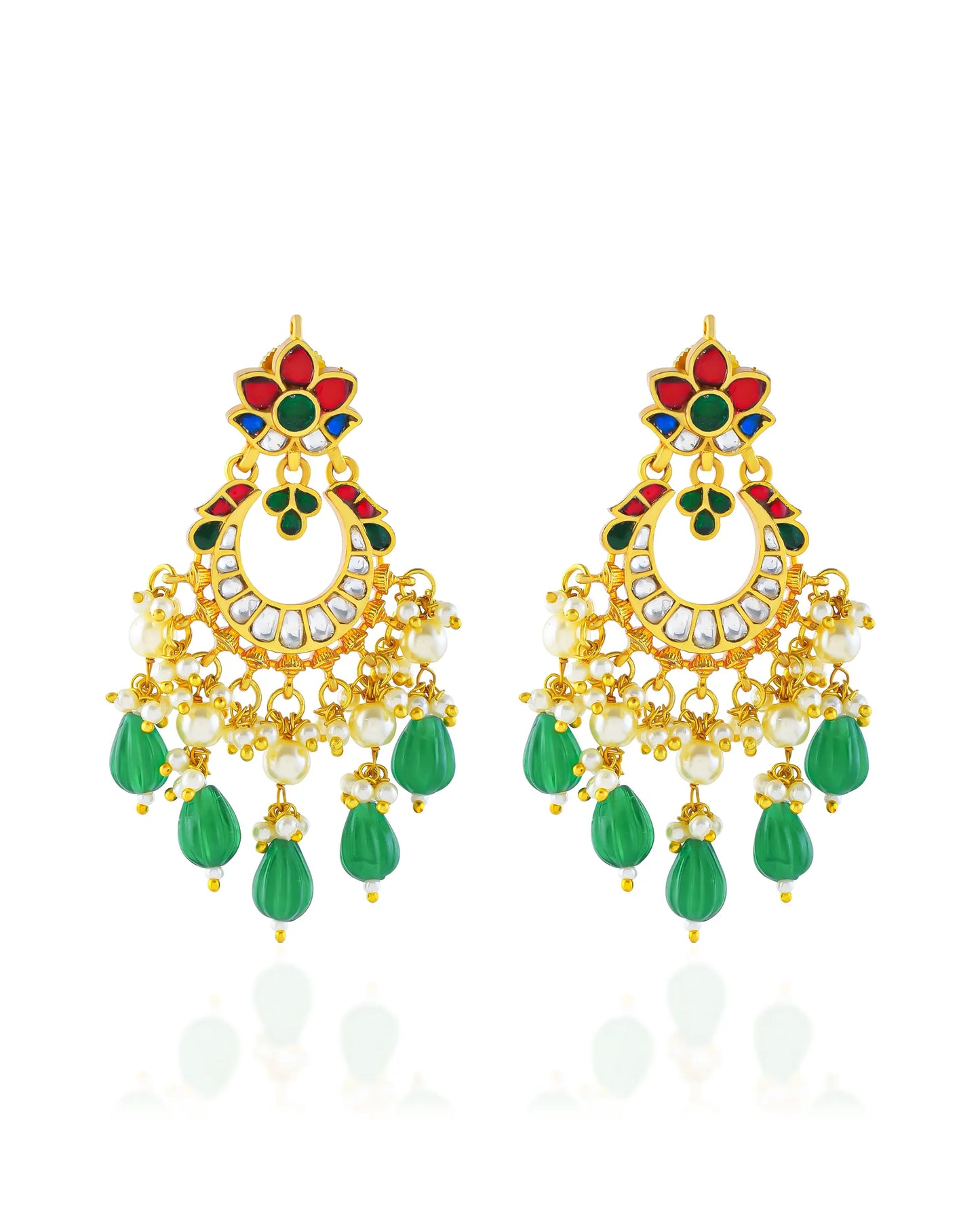 Handmade Jadau Chandbali Earrings, 18K Gold Plated Polki Green Beads Jewelry