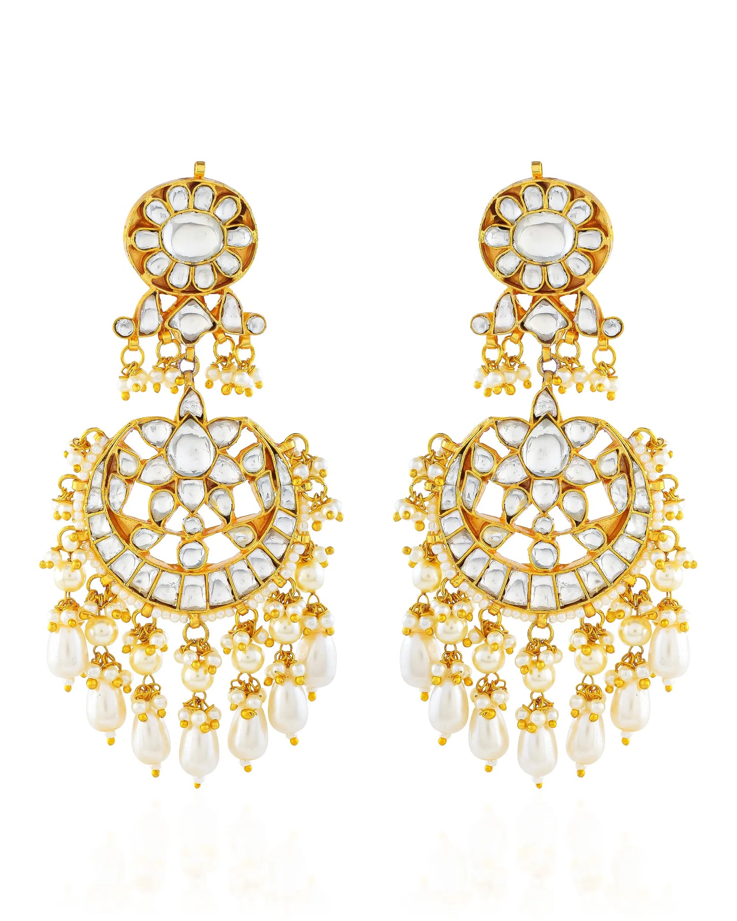 Kundan Pearl Chandbali Earrings, 18K Gold Plated Jewelry