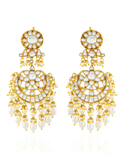 Kundan Pearl Chandbali Earrings, 18K Gold Plated Jewelry