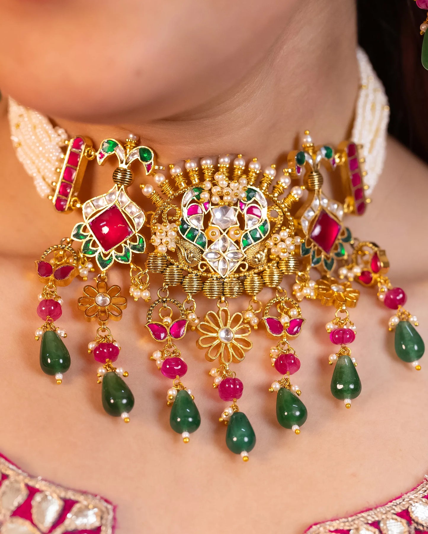 Handicraft Kundan Pearl Choker Set Jewelry, Green & Pink Bead Necklace Earrings