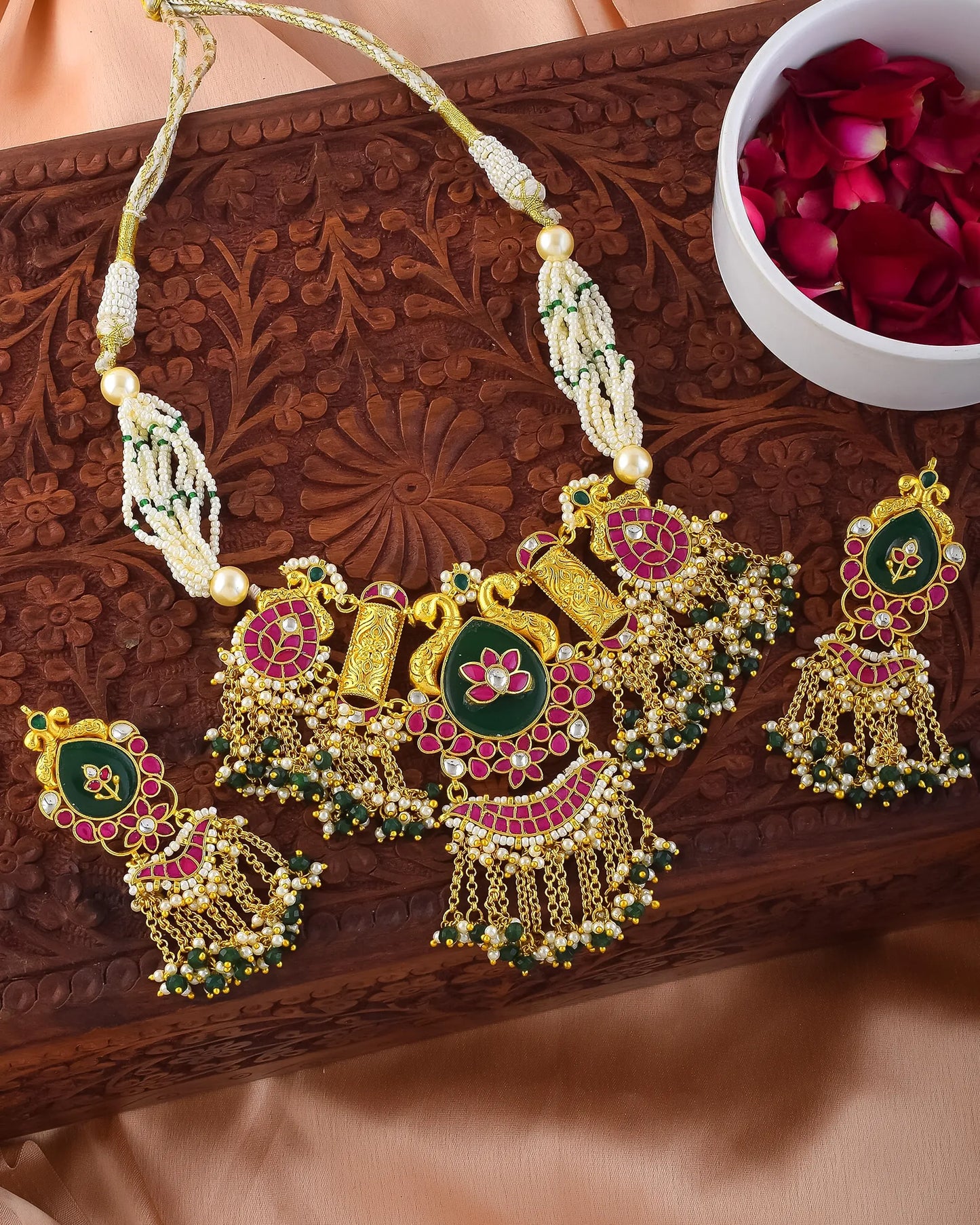 Floral Kundan Choker Set with Green and Pink Stones & Pearl Drops Jewelry