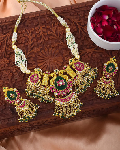 Floral Kundan Choker Set with Green and Pink Stones & Pearl Drops Jewelry