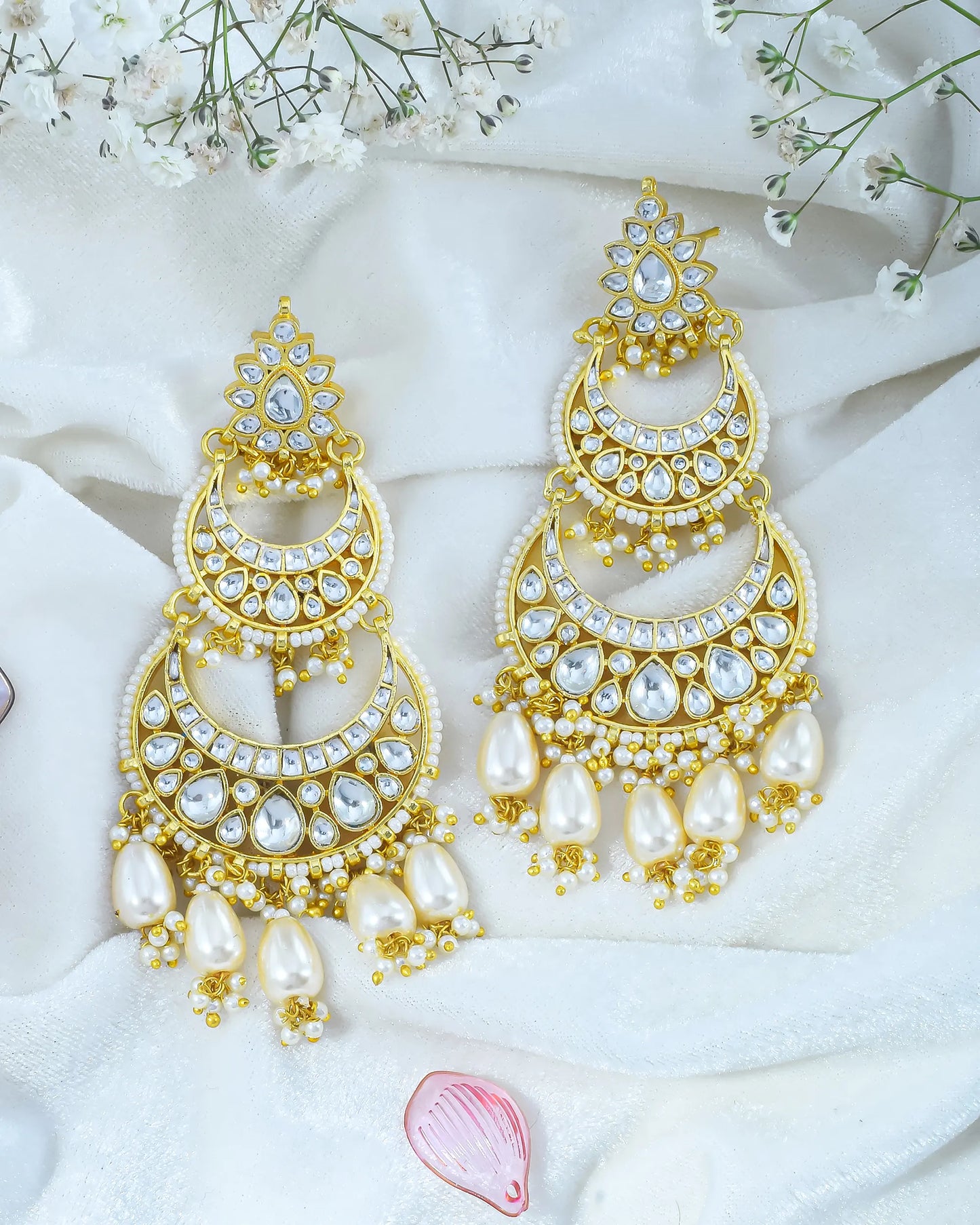 Jadau Chandbali Earrings, Polki Pearl Drop Gold Plated Jewelry