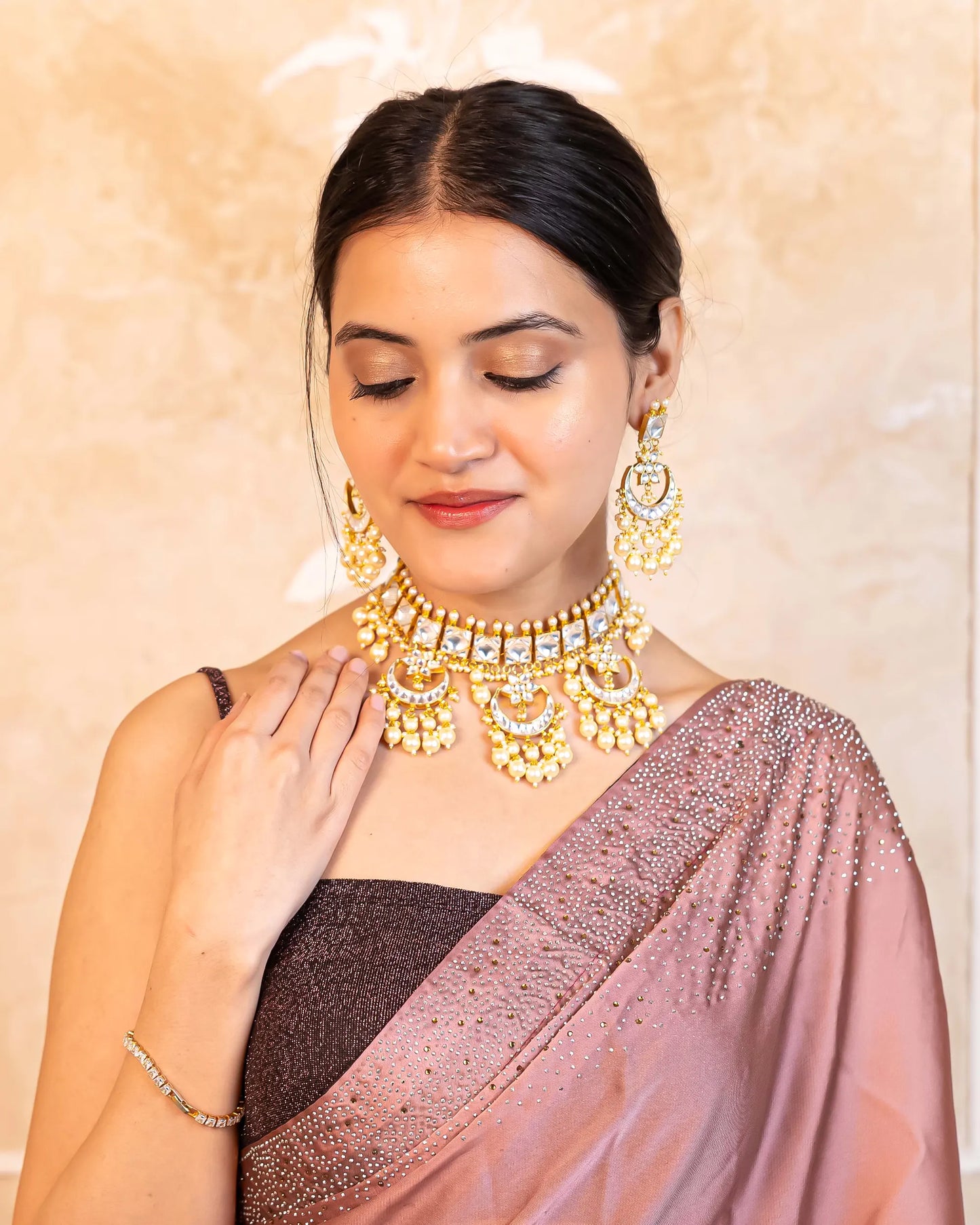 Traditional Polki Kundan Choker Set, Pearl Wedding Necklace & Earrings, Bridal Ethnic Jewelry