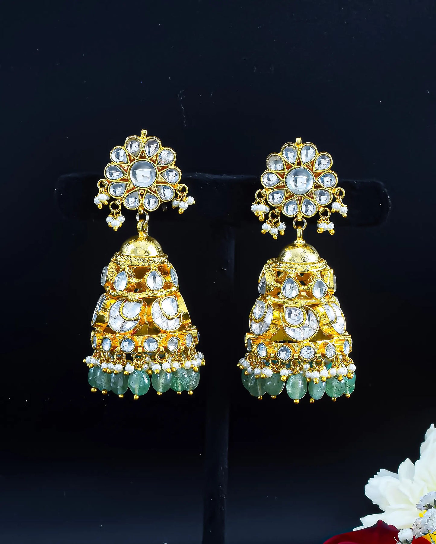 Gold Plated Kundan Jhumka Earrings with Green Beads