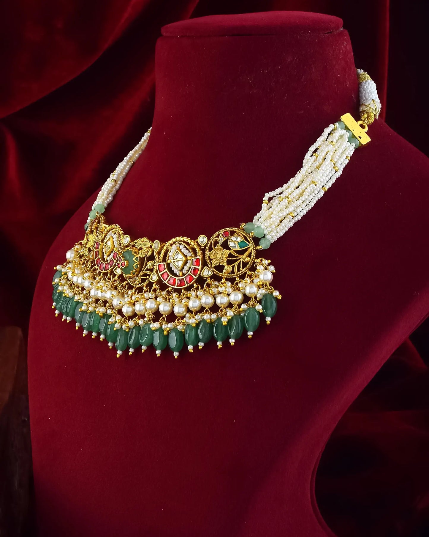 Kundan Pearl Choker Necklace Set with Green Beads – Traditional Indian Bridal Wedding Jewelry