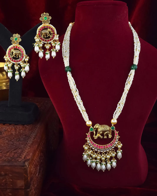 Elephant Kundan Necklace Set with Multi-Strand Pearls Royal Bridal Jewelry