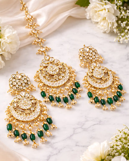 Classic Handmade White Kundan Pearl Maang Tikka & Earrings Set with Green Beads Jewelry