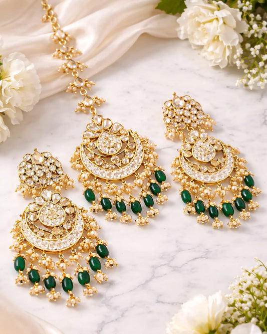 Classic Kundan Pearl Maang Tikka with Earrings Set