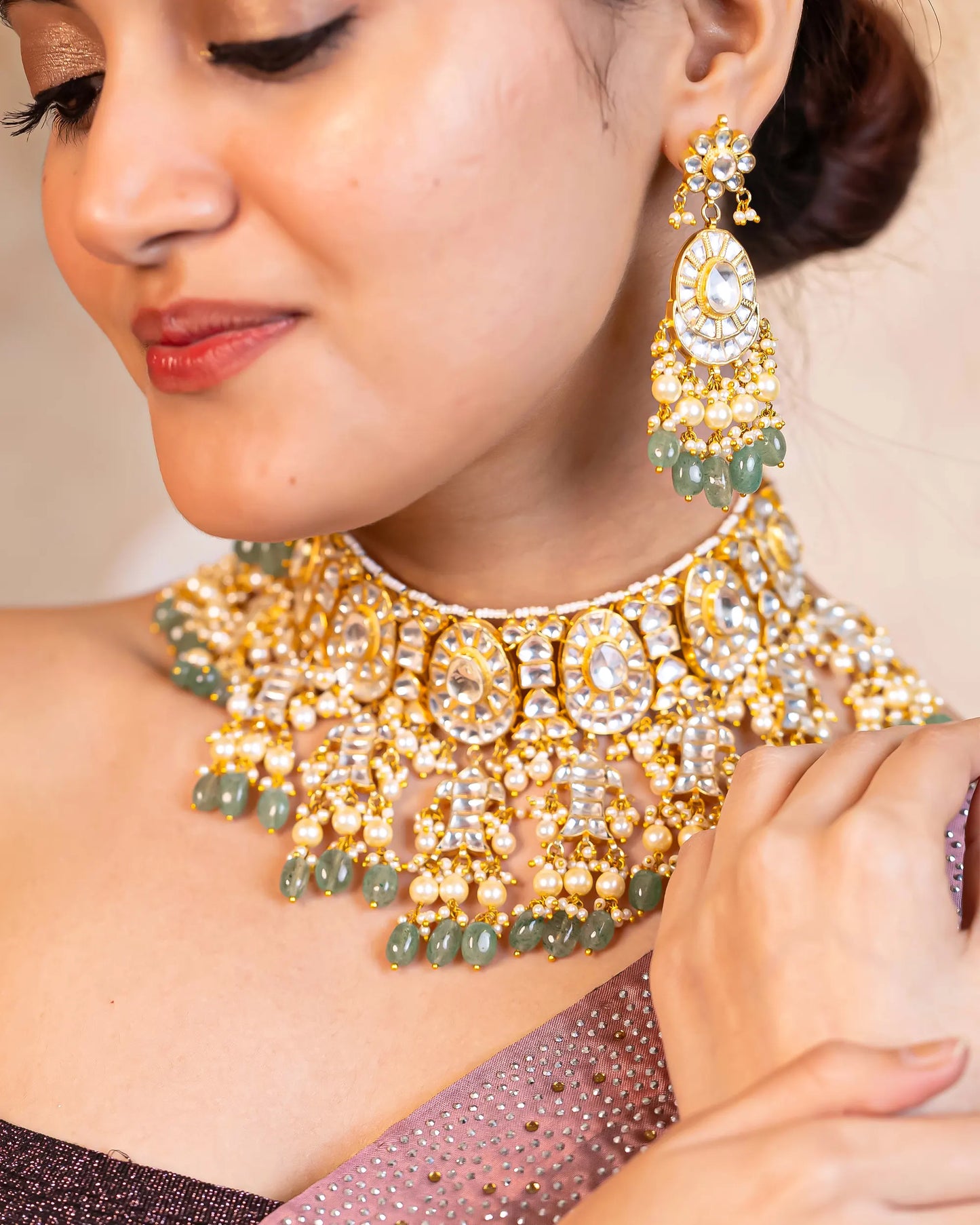 Kundan Choker Set Jewelry, Green Beads Bridal Necklace, Drop Earrings