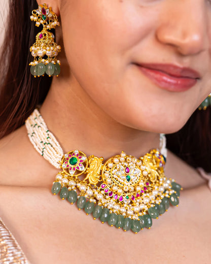 Kundan Stone Choker Necklace Set with Pearl Beads, Indian Handmade Bridal Jewelry