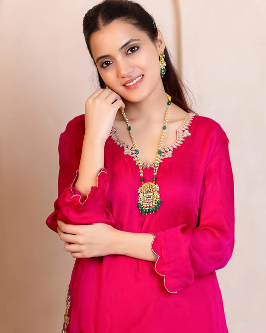 Designer Gold Plated Indian Jewelry Set – Pearl Necklace with Green Stone