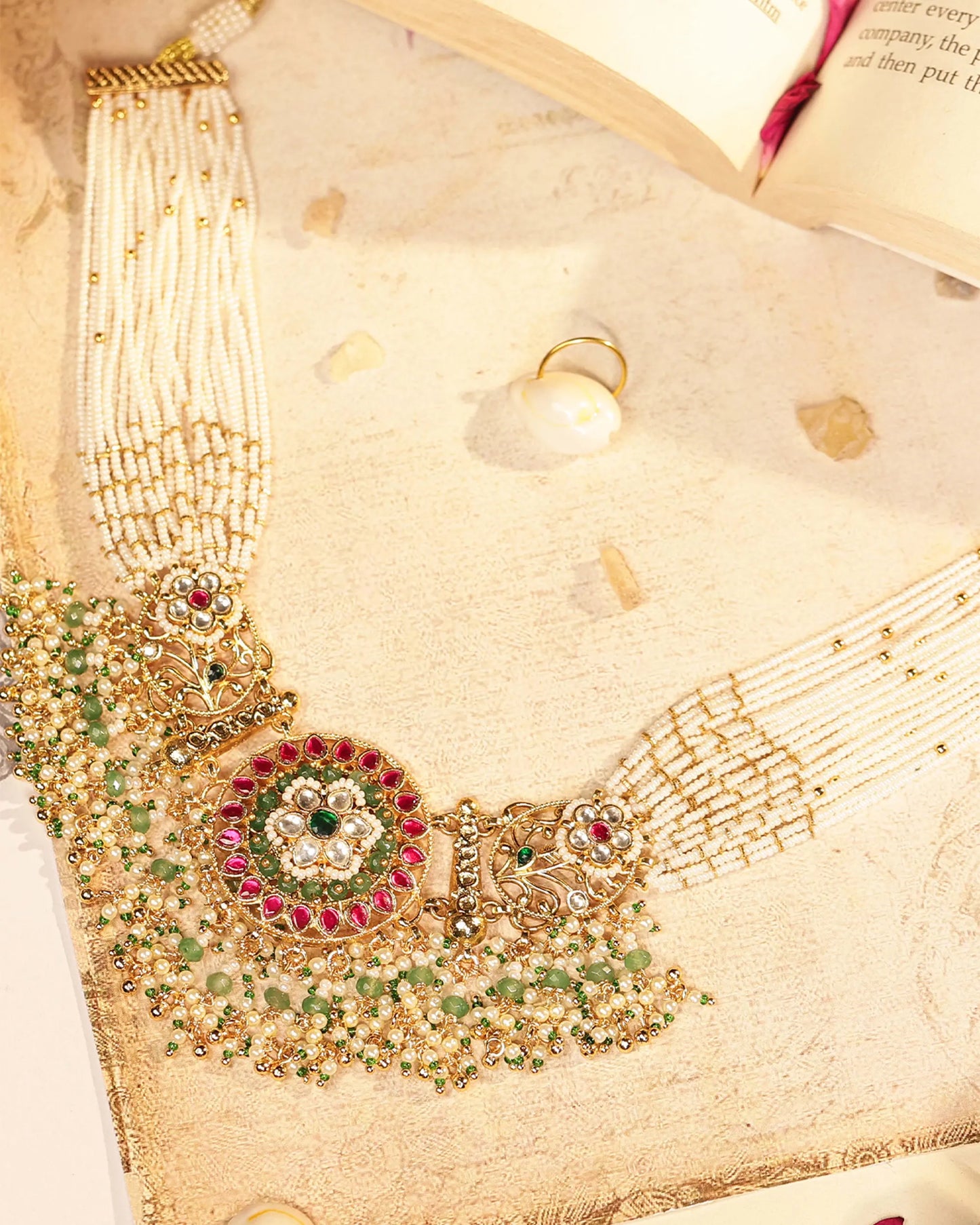 Handcrafted Kundan Choker Set – 18K Gold Plated Bridal Necklace with Pearl Earrings