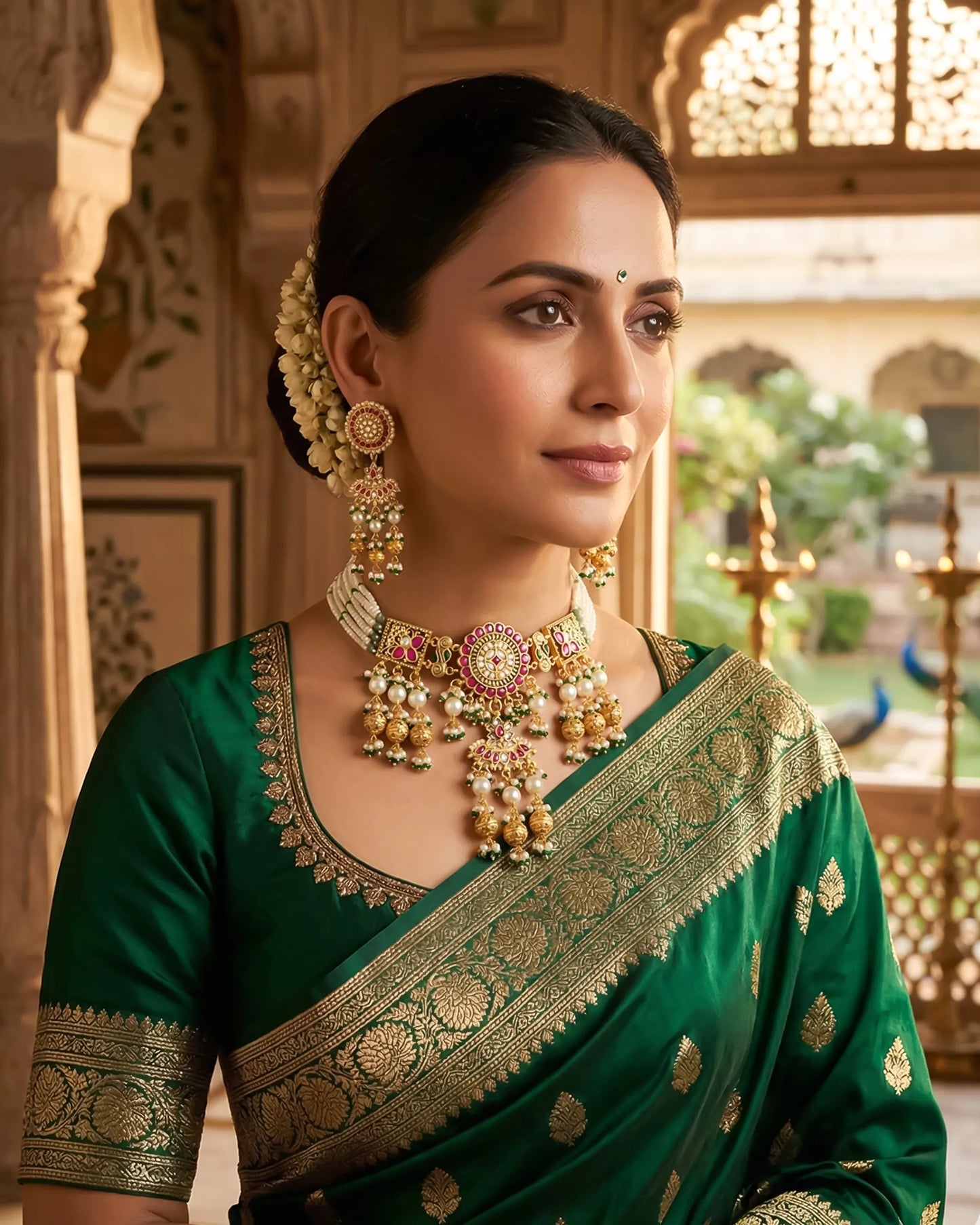 Handcrafted Pearl Choker Necklace Set, Gold Kundan Peacock Jewelry, Bridal Statement Earrings