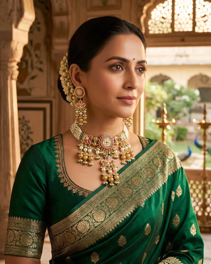 Handcrafted Pearl Choker Necklace Set, Gold Kundan Peacock Jewelry, Bridal Statement Earrings