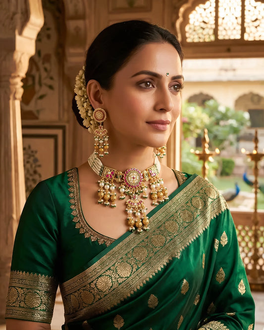 Handcrafted Pearl Choker Necklace Set, Gold Kundan Peacock Jewelry, Bridal Statement Earrings