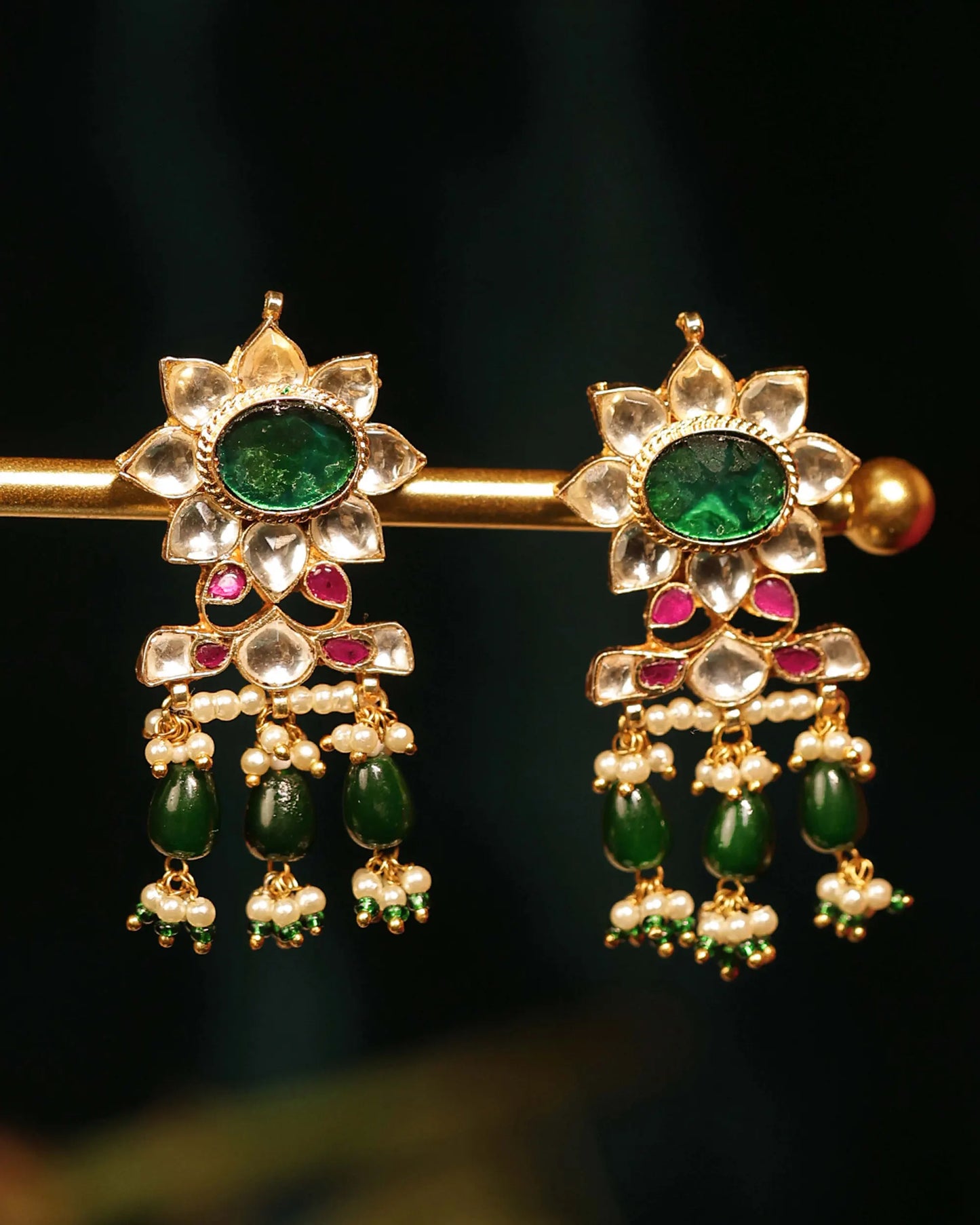 Designer Sparkling Kundan Choker Set – Green Bead Necklace with Floral Earrings