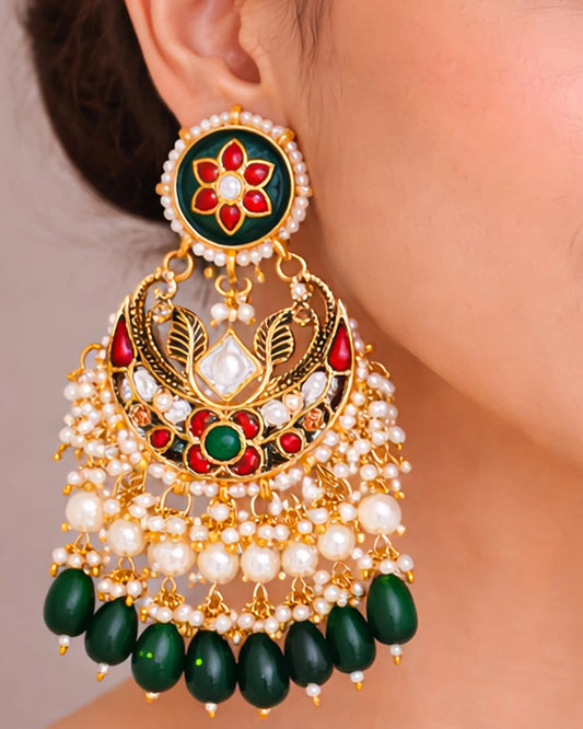 18K Gold Plated Chandbali Earrings, Polki and Pearl & Green Drops Jewelry