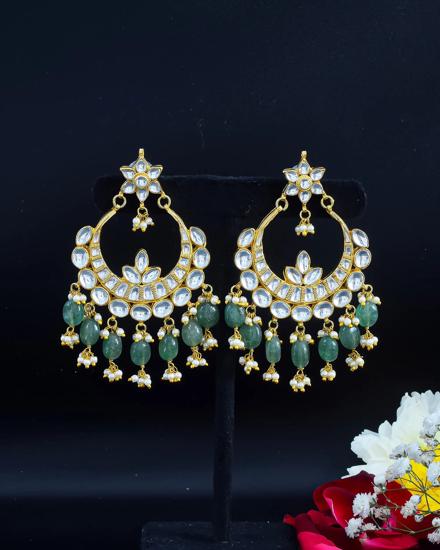 Bridal Jadau Chandbali Earrings with Pearls Green Beads