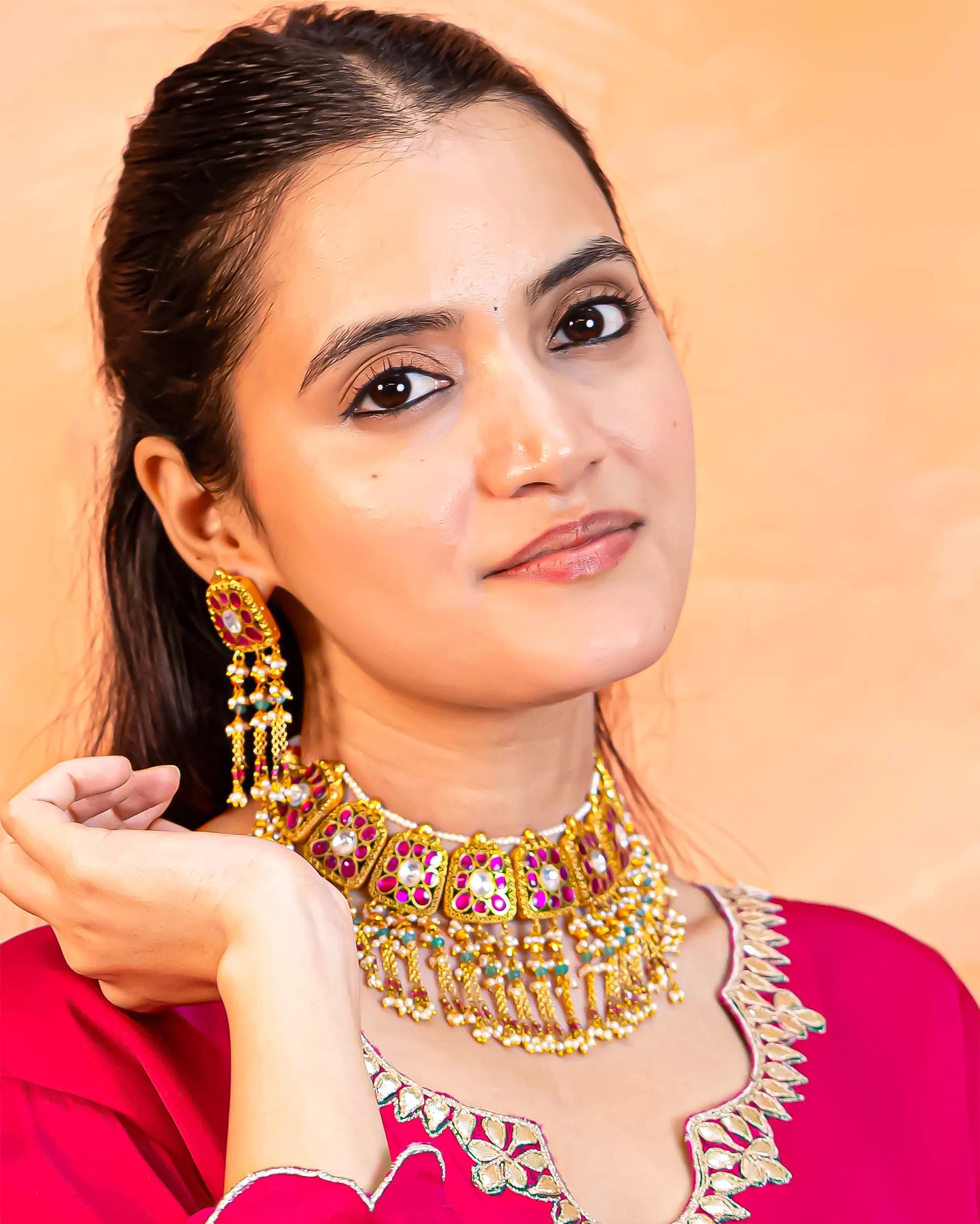 Gold Plated Pink Kundan & Pearl Choker Set Necklace Traditional Indian Jewelry