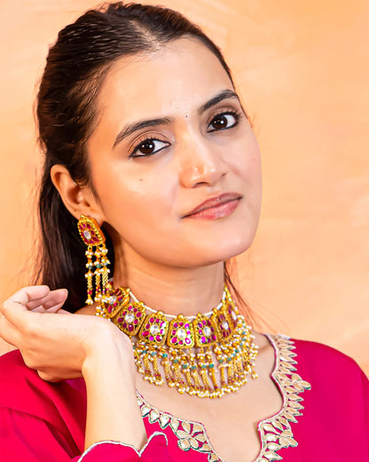 Gold Plated Pink Kundan & Pearl Choker Set Necklace Traditional Indian Jewelry