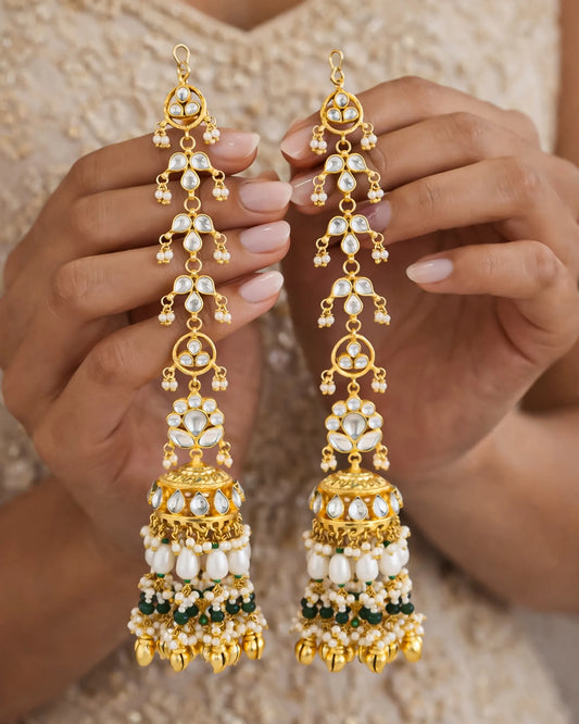 Gold Plated Pearl Jadau Jhumka Earrings, Kundan Polki Pearl & Green Beads Jewelry