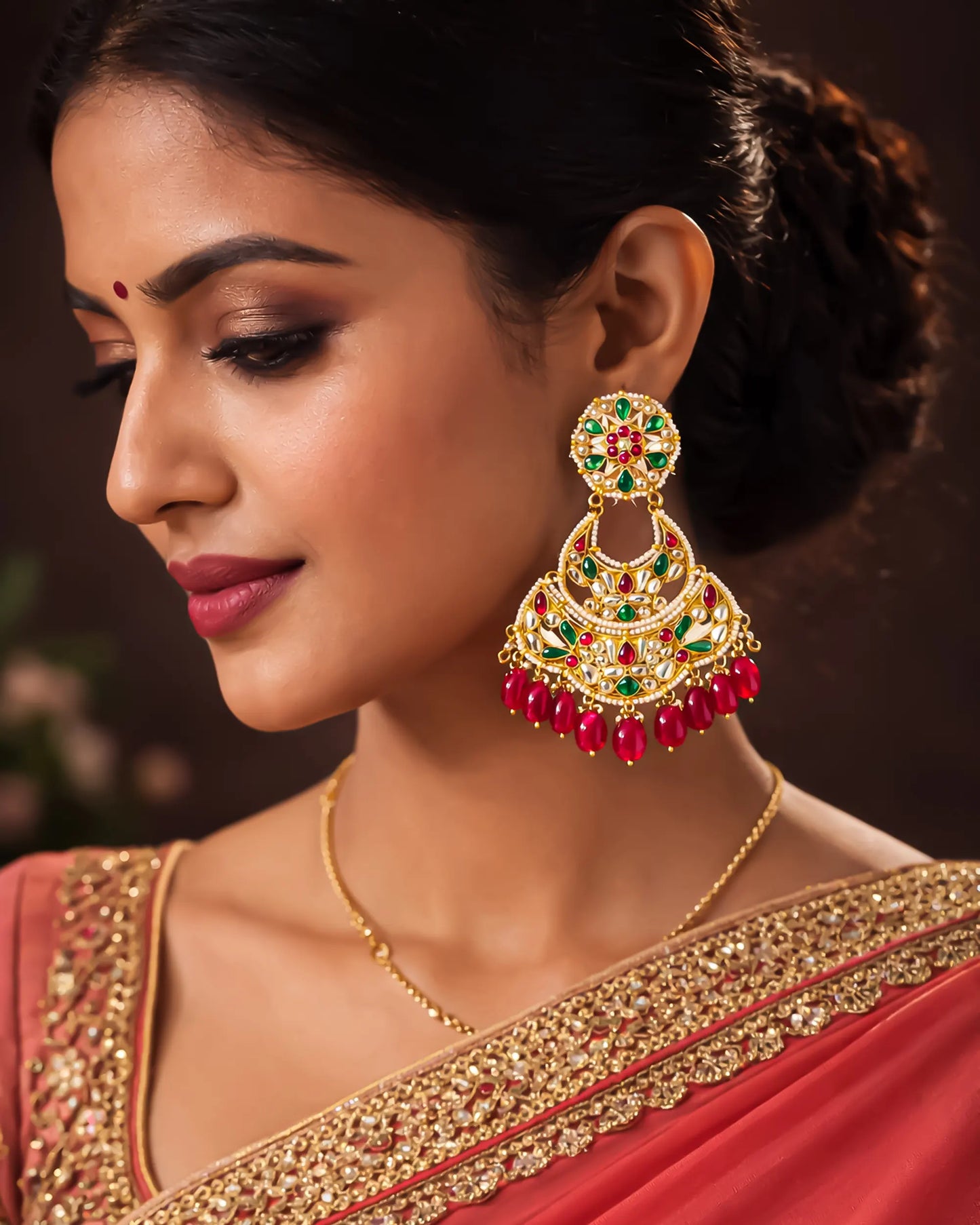 Handcrafted Jadau Chandbali Earrings, 18K Gold Plated, Ruby & Green Stone Indian Jewelry
