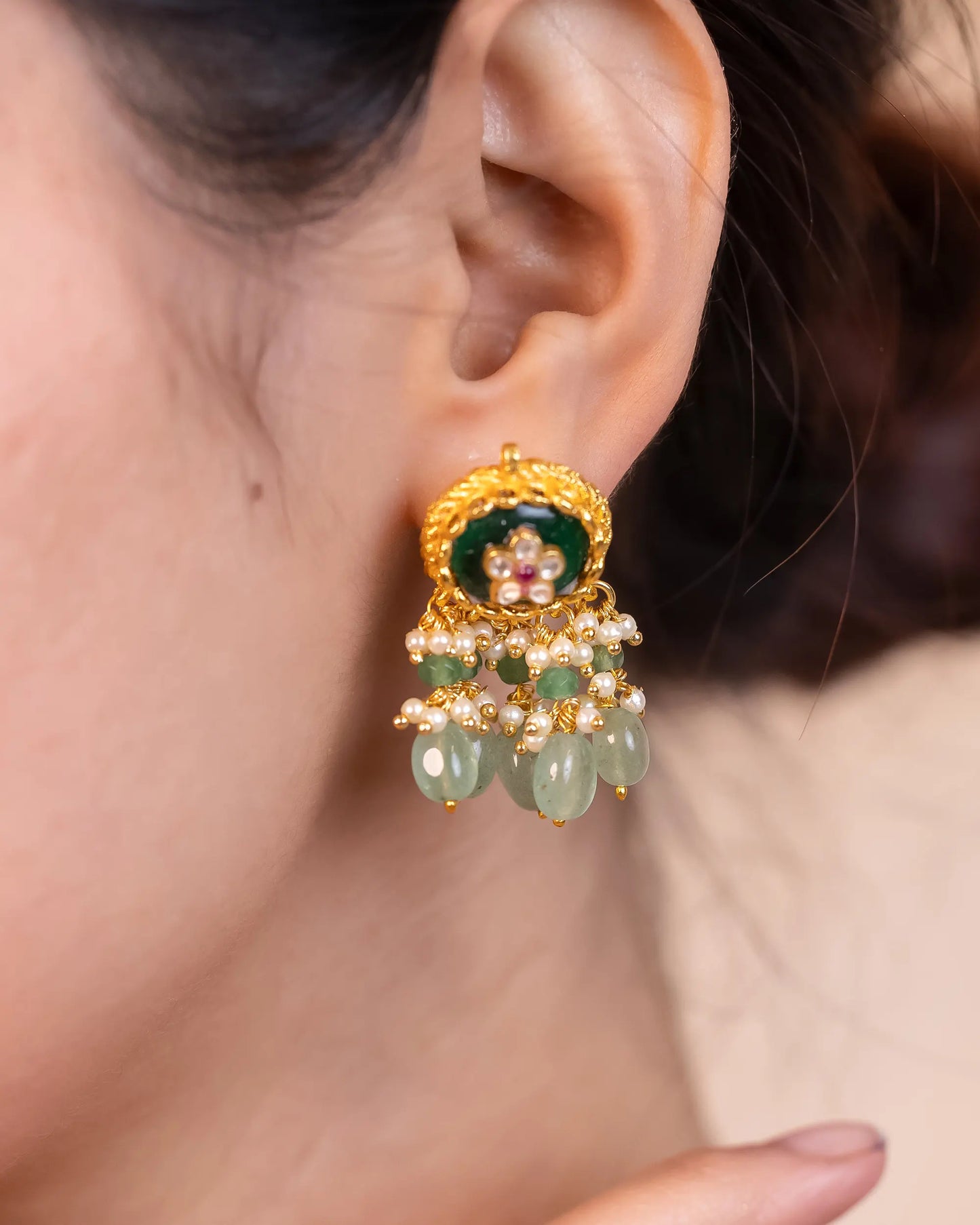Kundan Choker Bridal Necklace, Green Beads Pearl Earrings, Indian Jewelry Set
