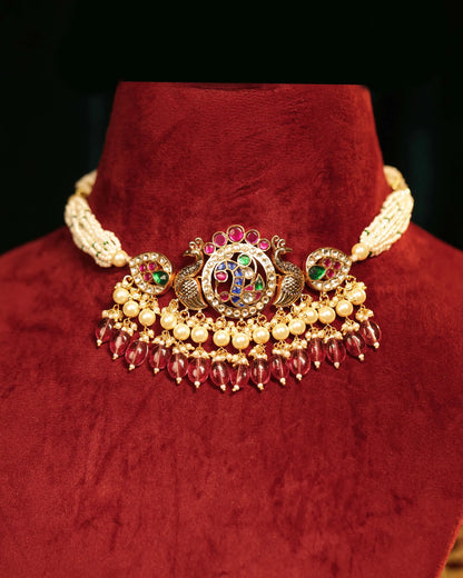 Peacock Kundan Choker Set with Pearl Earrings, Bridal Wedding Necklace Traditional Jewelry