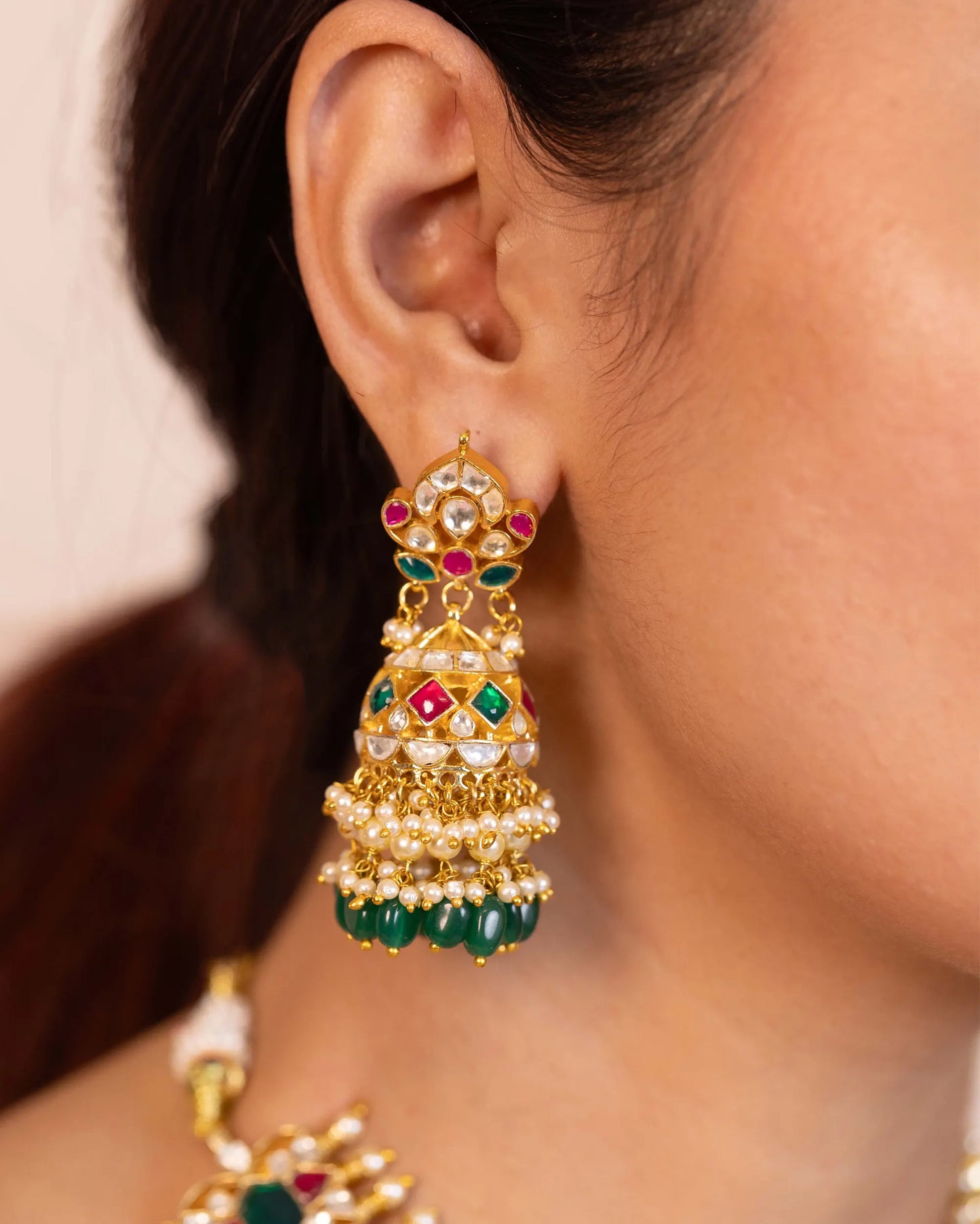 Gold Plated Kundan Choker Necklace Set with Tikka, Pink Green Beads Bridal Jewelry