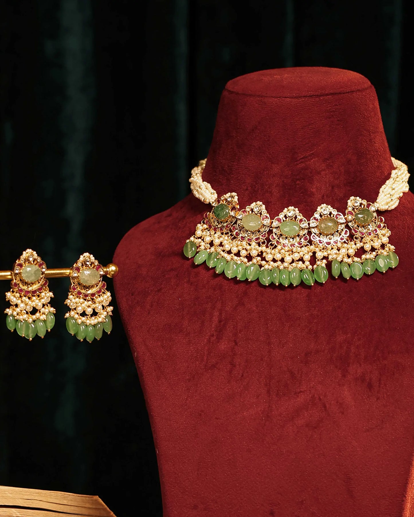 Green Kundan Choker Set Indian Bridal Jewelry Pearl Drop Earrings