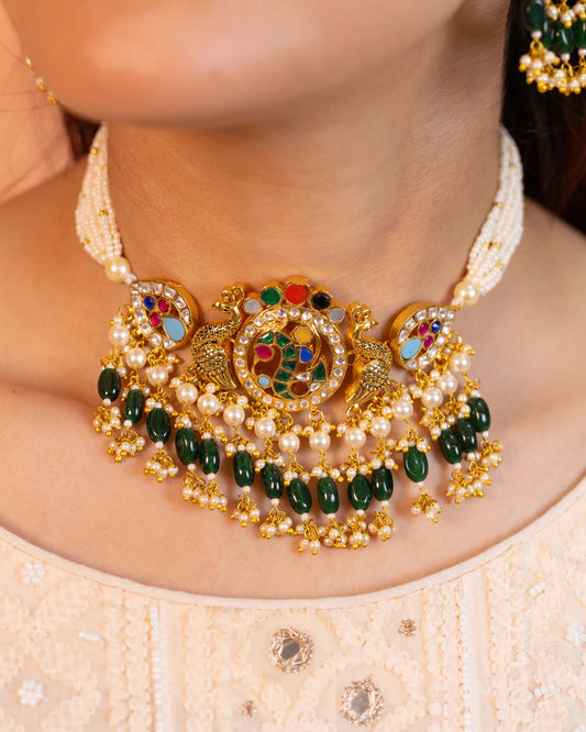 Green Bead Kundan Choker Set, Gold-Plated Indian Bridal Wedding Necklace, Traditional Jewelry
