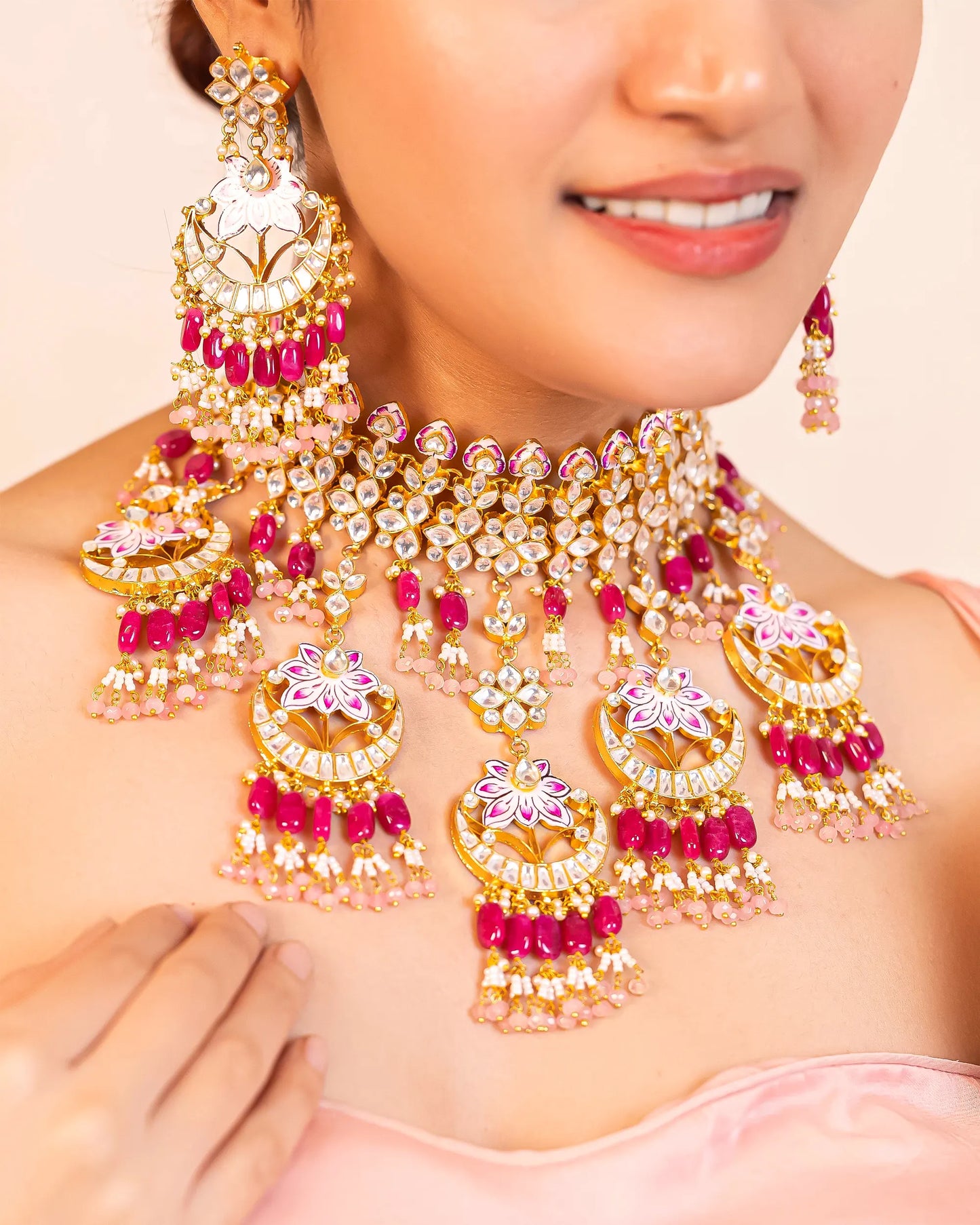 Pink Kundan Choker Set Jewelry – Gold Plated Indian Bridal Necklace & Earrings