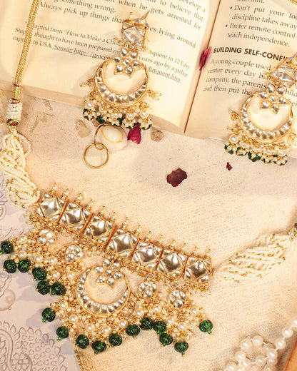 Handcrafted Kundan Choker Set, Pearl Necklace, Green Bead Earrings Jewelry