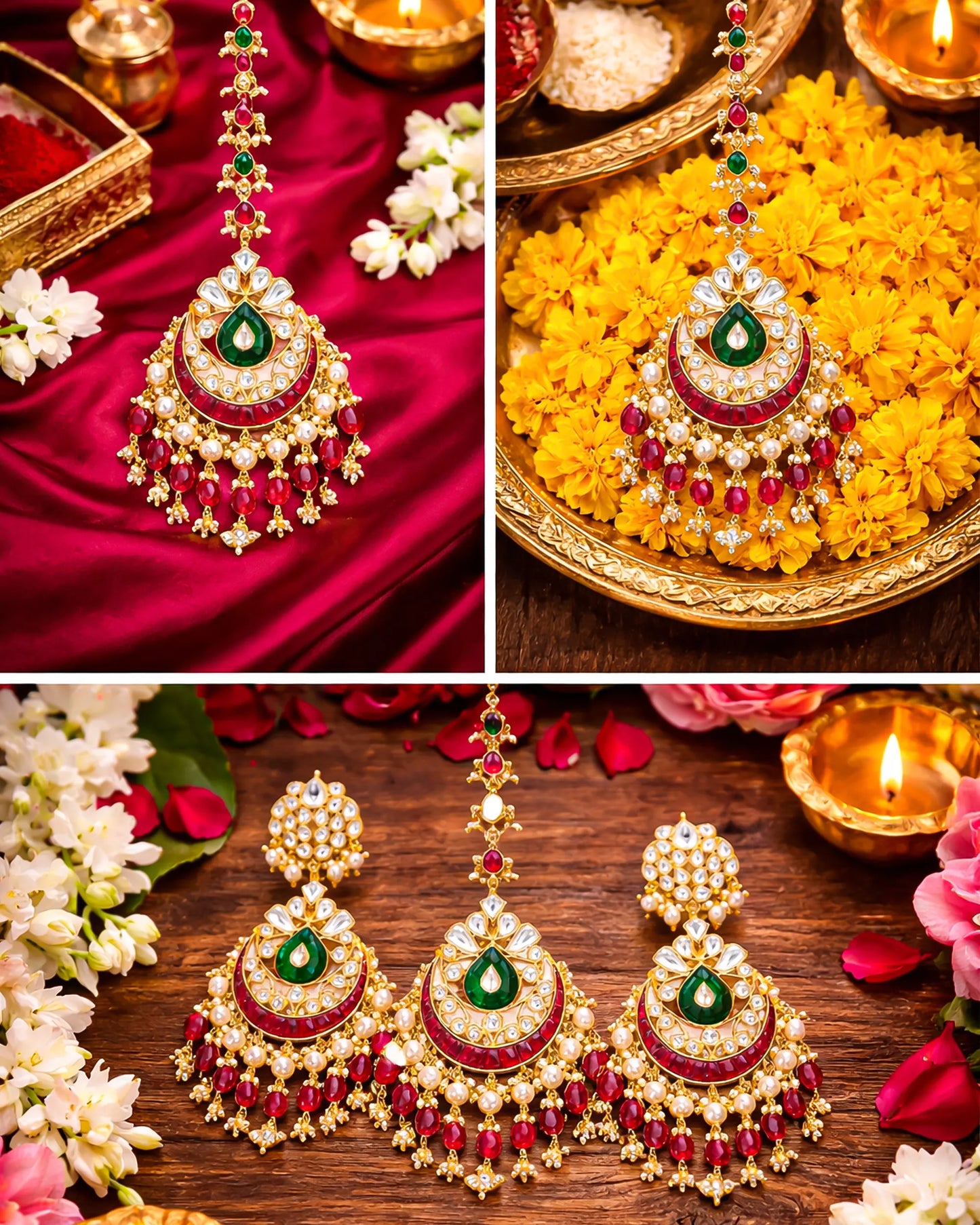 Handmade Kundan Bridal Jewelry Set: Green & Pearl Maang Tikka Earrings