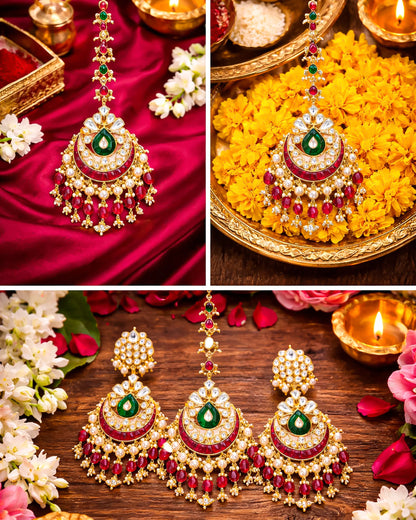 Handmade Kundan Bridal Jewelry Set: Green & Pearl Maang Tikka Earrings