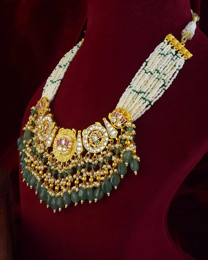 Kundan Choker Necklace Set, Green Bead & Pearl Indian Wedding Jewelry