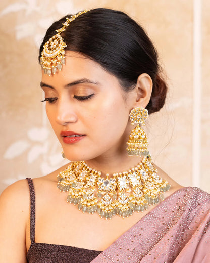 Gold Plated Kundan Bridal Choker Set with Pearl Drop Earrings and Maang Tikka Jewelry