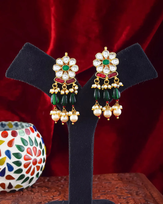 Floral Kundan Choker Necklace Set, Green Pearl Drop Earrings, Indian Jewelry